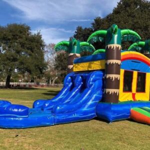 Maui 2.0 Dual Lane Tropical Combo inflatable water slide with a built-in jumping area