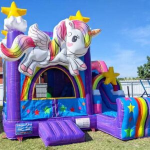 unicorn-themed inflatable bounce house and slide combo unit